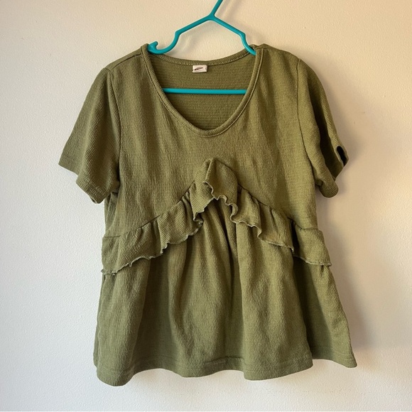 🌼 5/$25 Girls Olive Green Ruffle Peplum Waffle Knit Short Sleeve 120 (5–6 Years) - Picture 3 of 7
